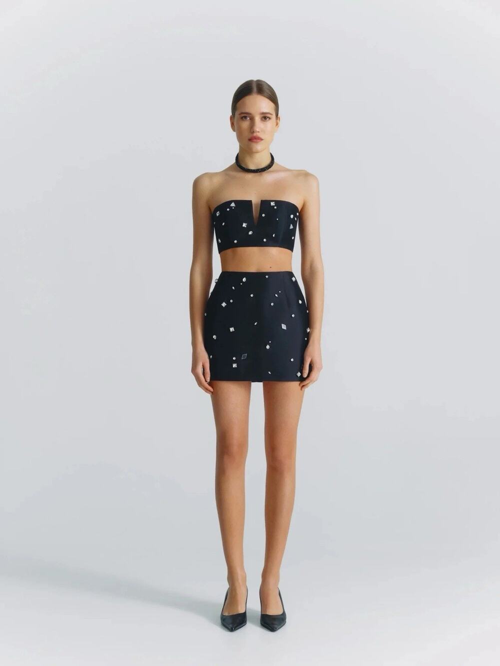 NDS The Label Black Wool Silk Embellished Black Crop Corset Top 2